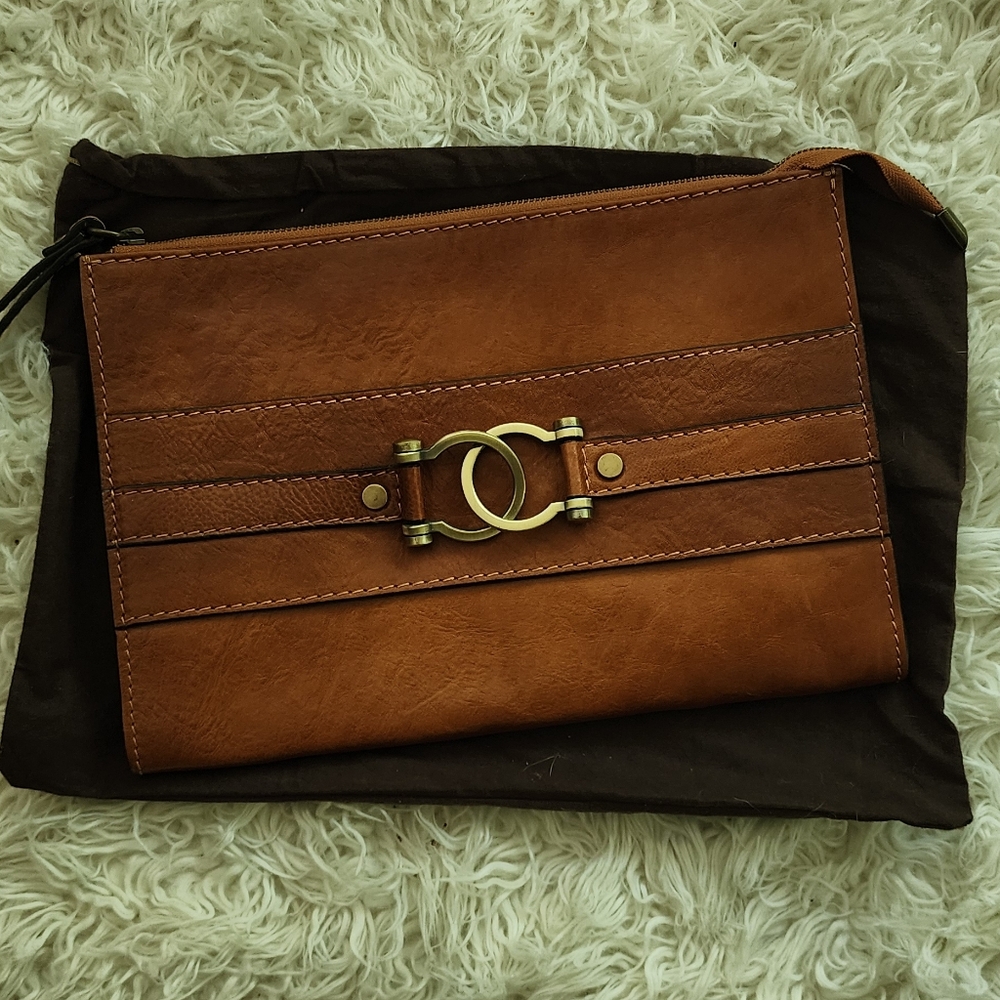 PRATESI Firenze Purse Large Envelope Wristlet  Italian Leather Cognac Brass Ring